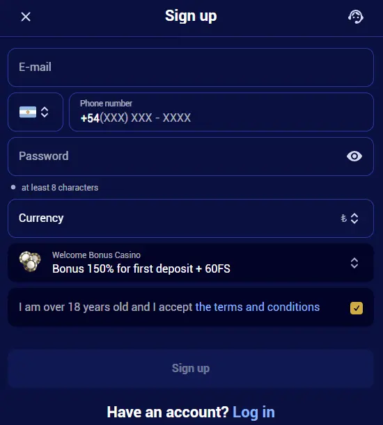 Create a personal account at Spinay Casino